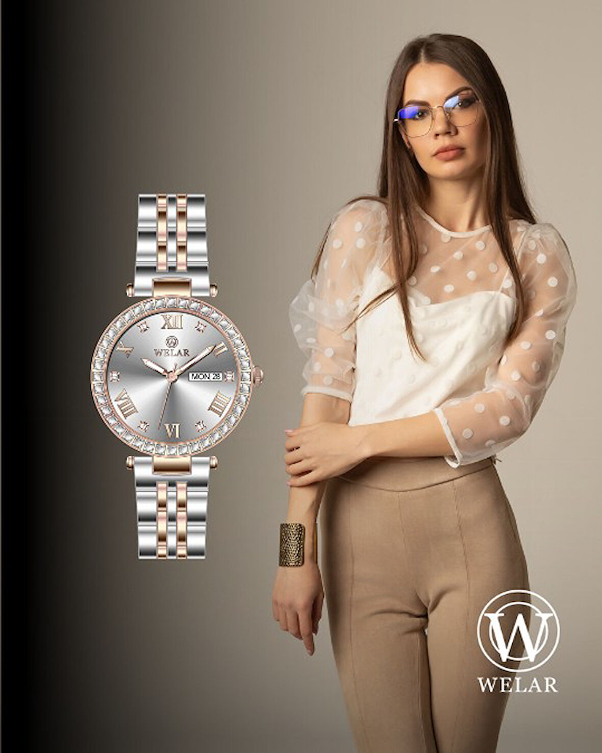 WEL3309-5 Gümüş Gold Taşlı Kasa ve Kordon Çelik Kadın Kol Saati