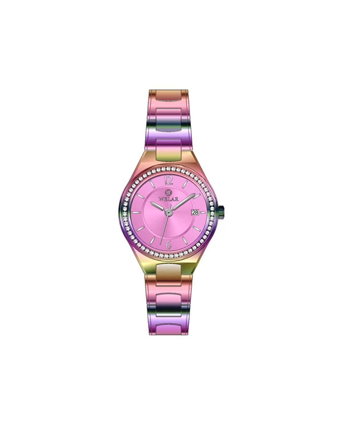 WEL2403-BZ05 Orjinal Taşlı Kasa Tasarımı Pembe Kadran ve Çok Renkli Kordon Paslanmaz Çelik Kadın Kol Saati