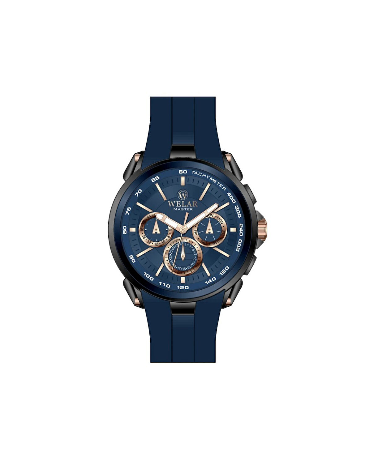 WEL5258-2 Lacivert Kadran ve Silikon Kordon Siyah Kaplama Erkek Kol Saati
