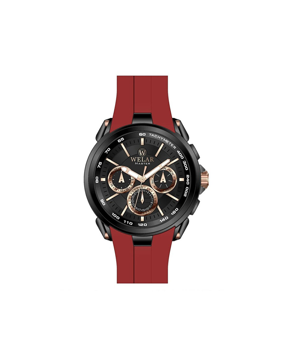 WEL5258-6 Siyah Kadran ve Silikon Kırmızı Kordon Siyah Kaplama Erkek Kol Saati