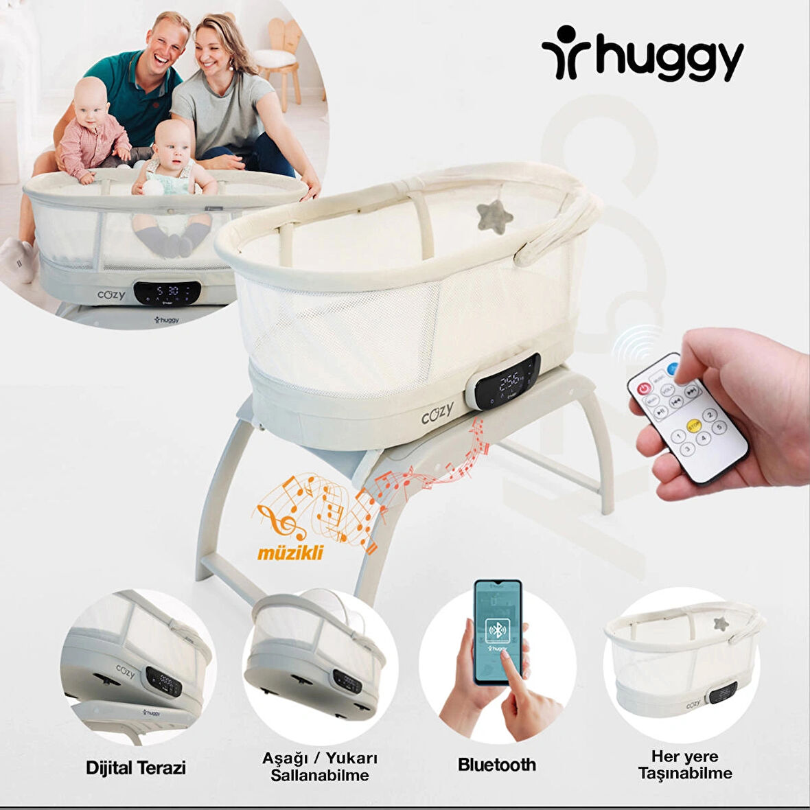 Huggy 4 in 1 Cozy Terazi Özellikli Bluetooth Müzikli Kumandalı Portatif Otomatik Sallanabilir Beşik