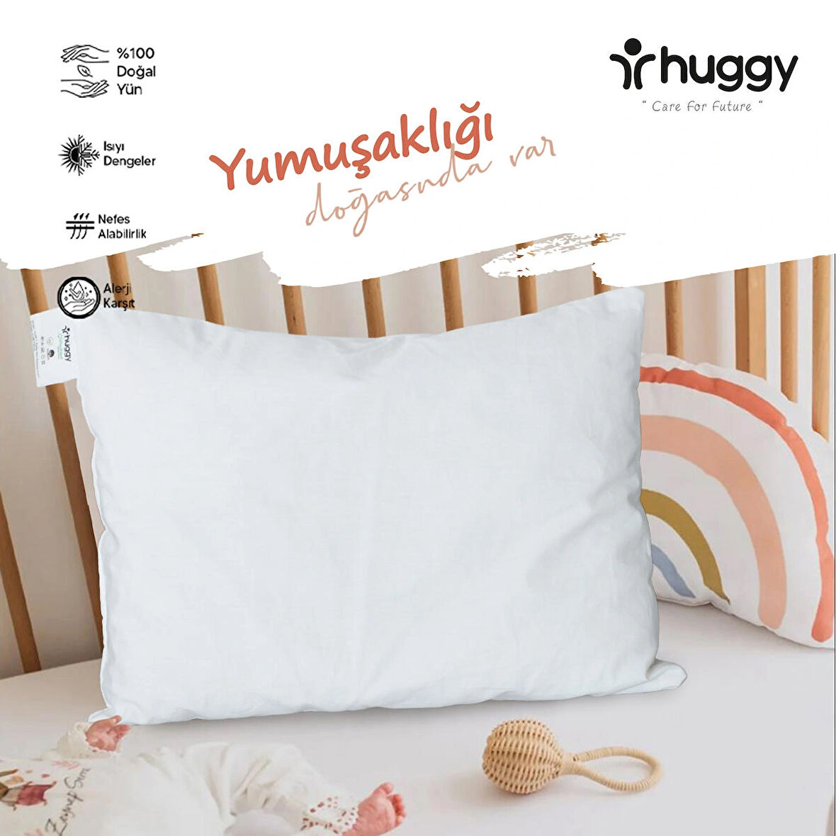 Huggy %100 Yeni Zelanda Kuzu Yünü 30x40 Bebek Yastığı – Doğal ve Nefes Alabilir