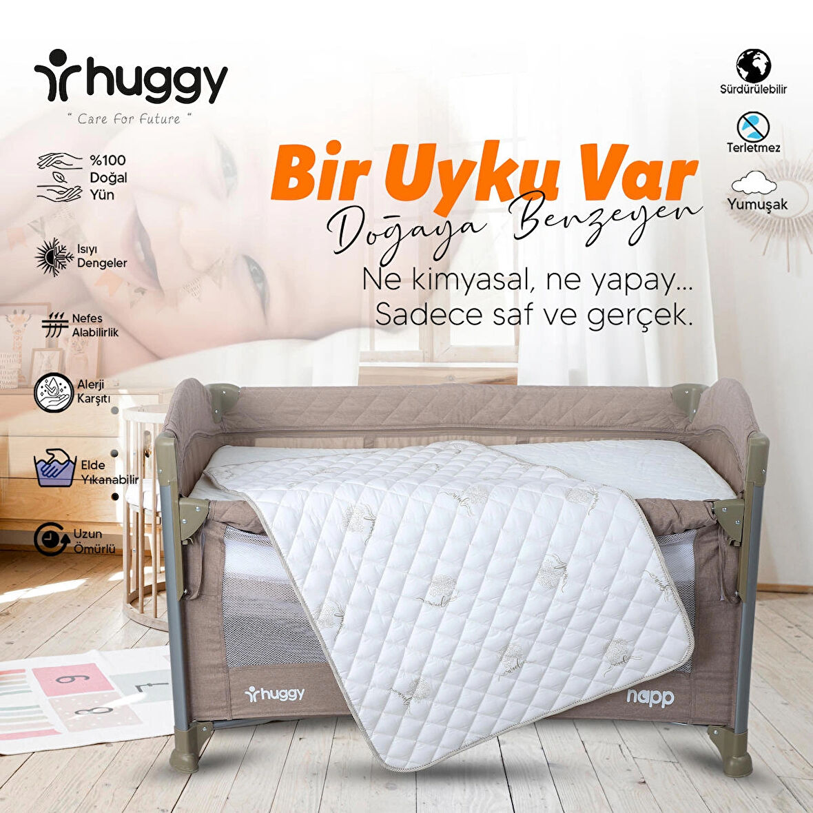Huggy Zelenda Kuzu Yünü Pamuk Kumaş 60 x 120 Bebek Yatak Pedi