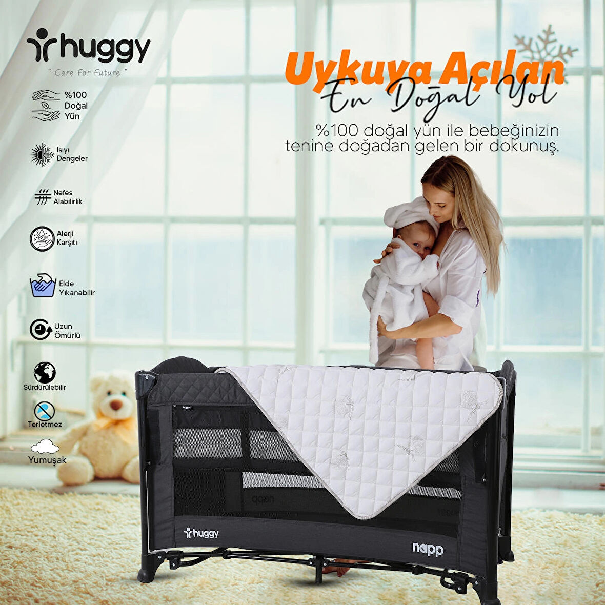 Huggy %100 Yeni Zelenda Kuzu Yünü %100 Pamuk Kumaş 70X110 Bebek Yatak Pedi