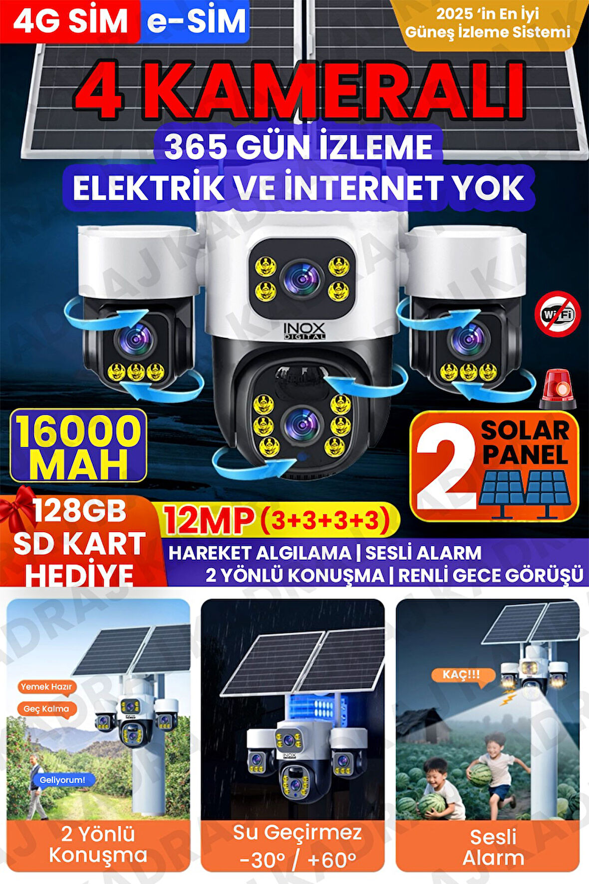 4 Kameralı INOX modeli , 4G + e-Sim, 2 Solar Panelli, Uzaktan izleme , Hareket Takip , Alarm , Sesli
