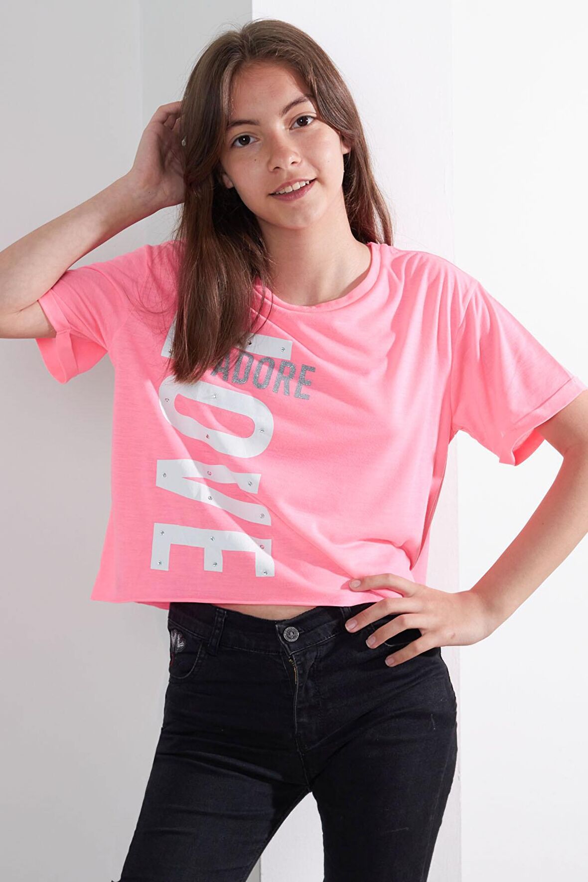 Kız Çocuk Neon Pembe Love Yazı Baskı 7-15 Yaş T-Shirt 4815