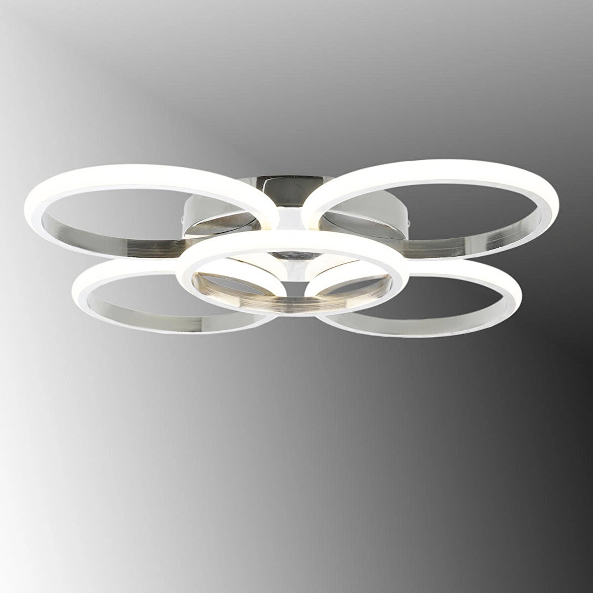 TT304-4+1-KR-SRR YUVARLAK TT Aydınlatma SARI IŞIK LED  Krom Kaplama 5 li Led Avize