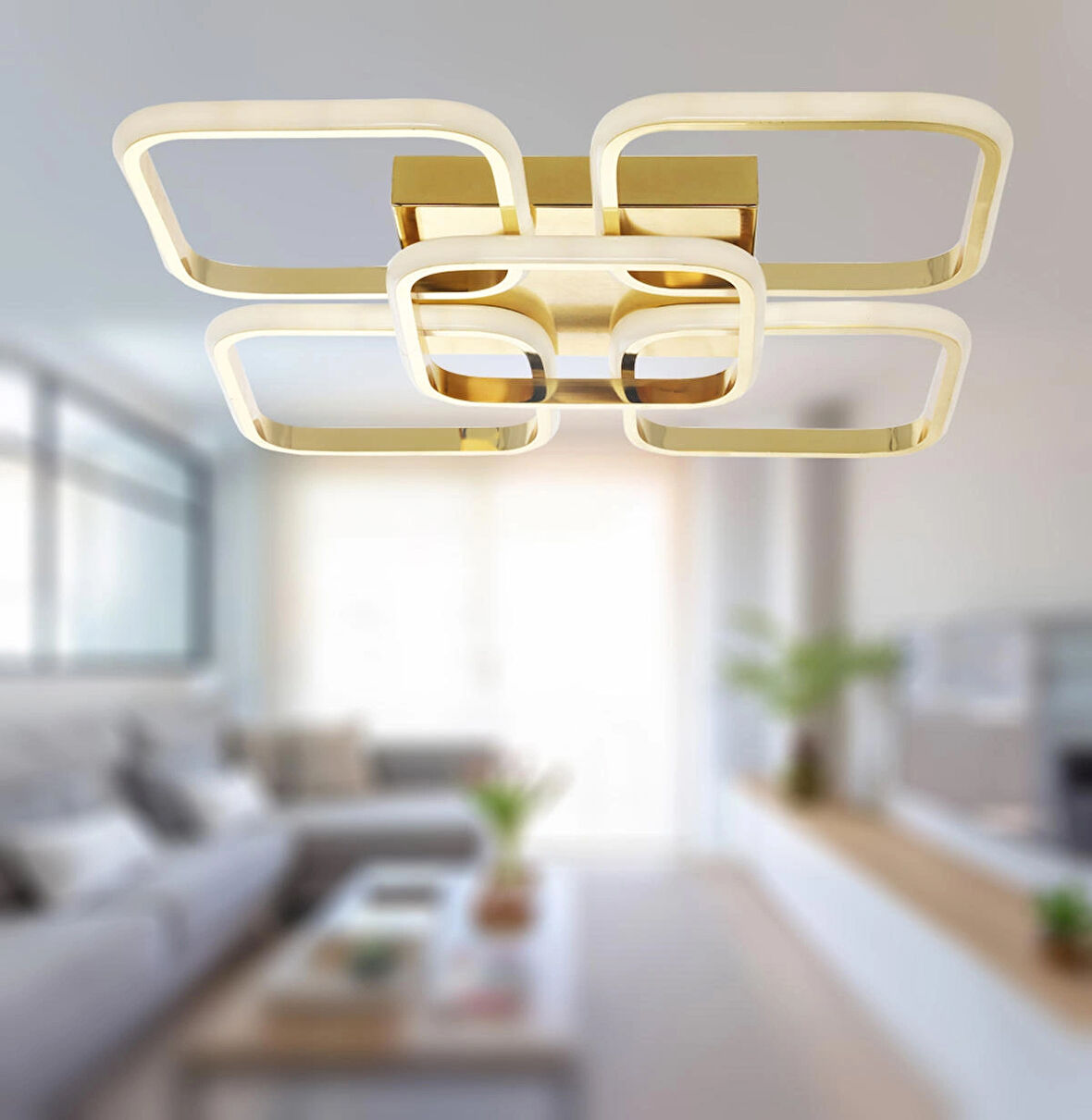 TT302-4+1-SR KARE TT Aydınlatma ( Beyaz Işık ) Sarı Kaplama Plofonyer 5 li Led Avize