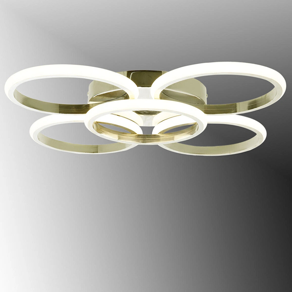 TT304-4+1-FSR-3RN YUVARLAK TT Aydınlatma 3 RENK IŞIK LED Fransız Sarı Kaplama 5 li Led Avize