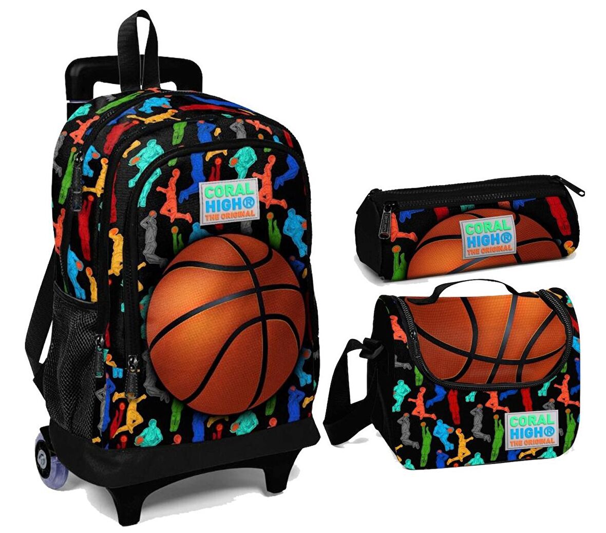 Coral High Basketbol Baskılı Çekçek Tekerlekli Okul Çanta Seti