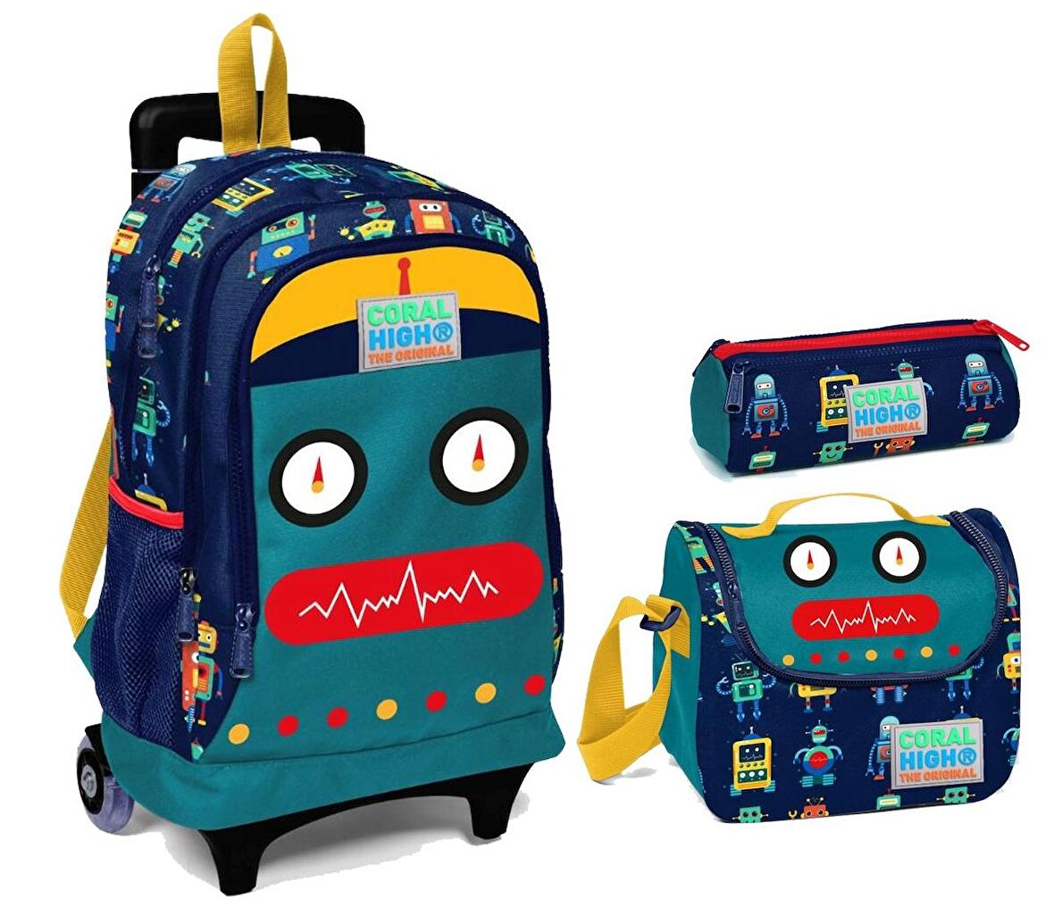 Coral High Robot Baskılı Çekçek Tekerlekli Okul Çanta Seti