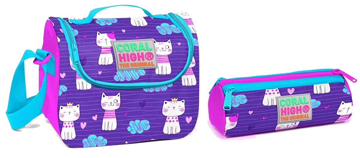 Coral High Mor Kedi Kız Çocuk Beslenme ve Kalemlik Seti