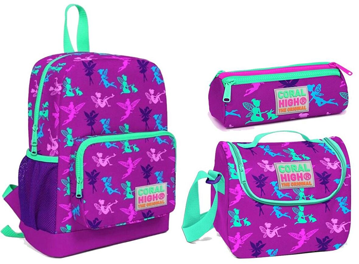 Coral High Anaokul ve İlkokul 1 Sınıf Okul Çantası Seti - Mor Peri Desenli