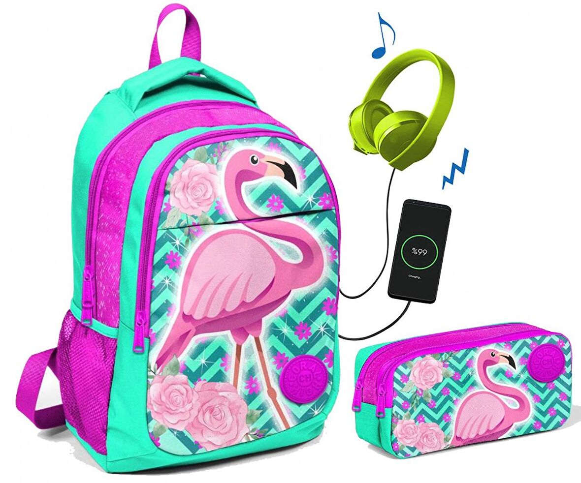 Coral High Pembe/Yeşil Flamingo Baskılı Okul Çanta Seti - Kız Çocuk