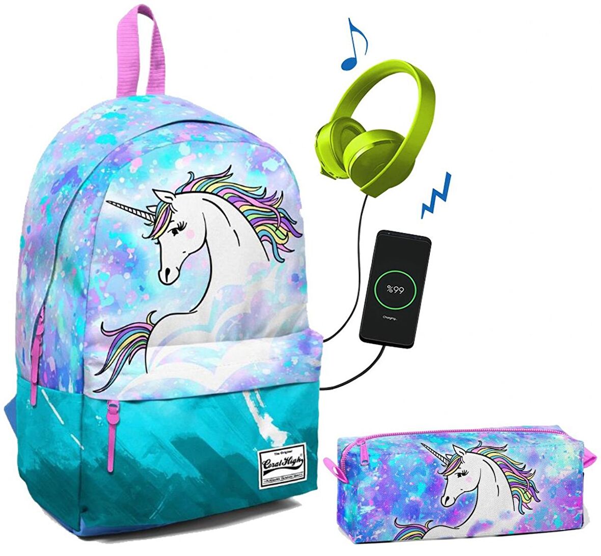 Coral High Renkli Tekboynuz Okul ve Günlük Çanta Seti