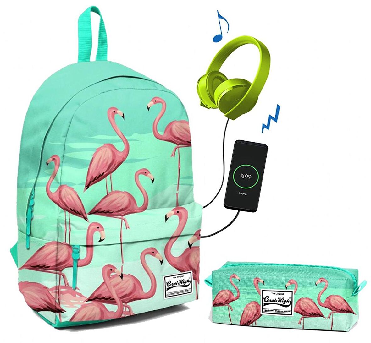 Coral High Yeşil Flamingolar Okul ve Günlük Çanta Seti