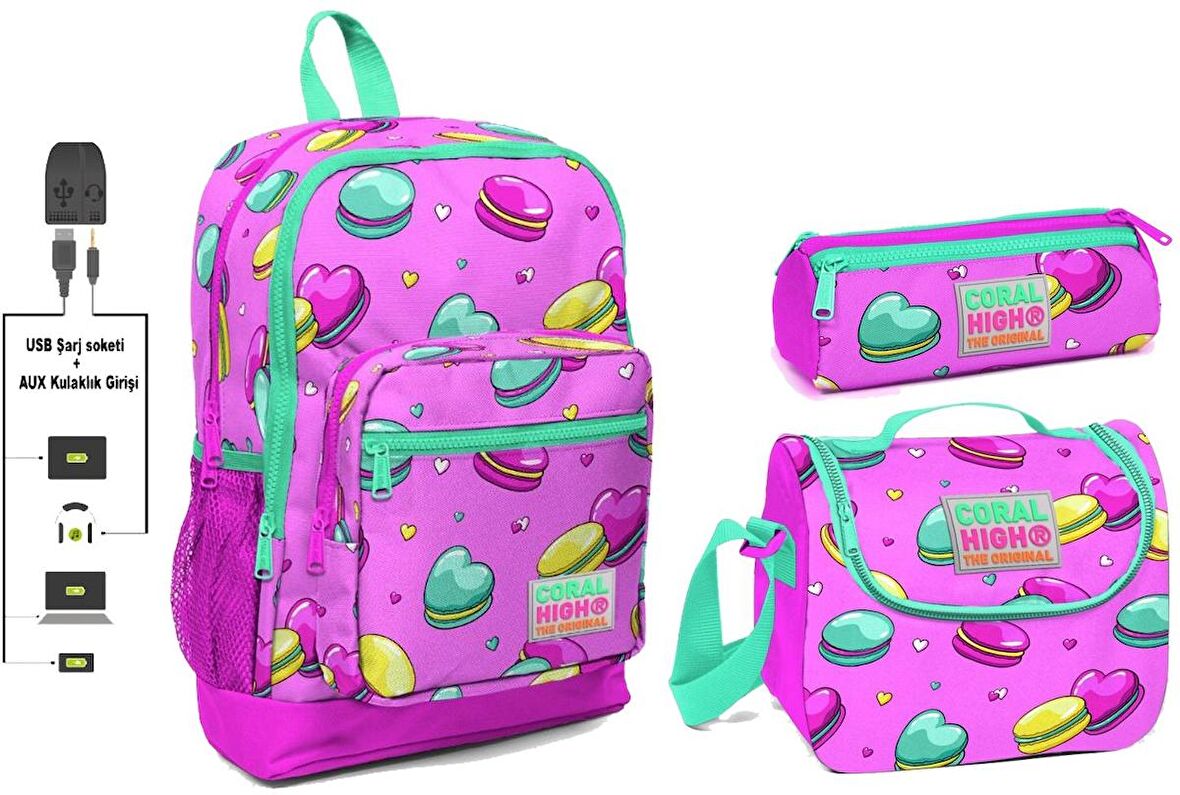 Coral High USB ve AUX Çıkışlı Okul Çanta Seti - Kız Çocuk - Pembe Kurabiyeler