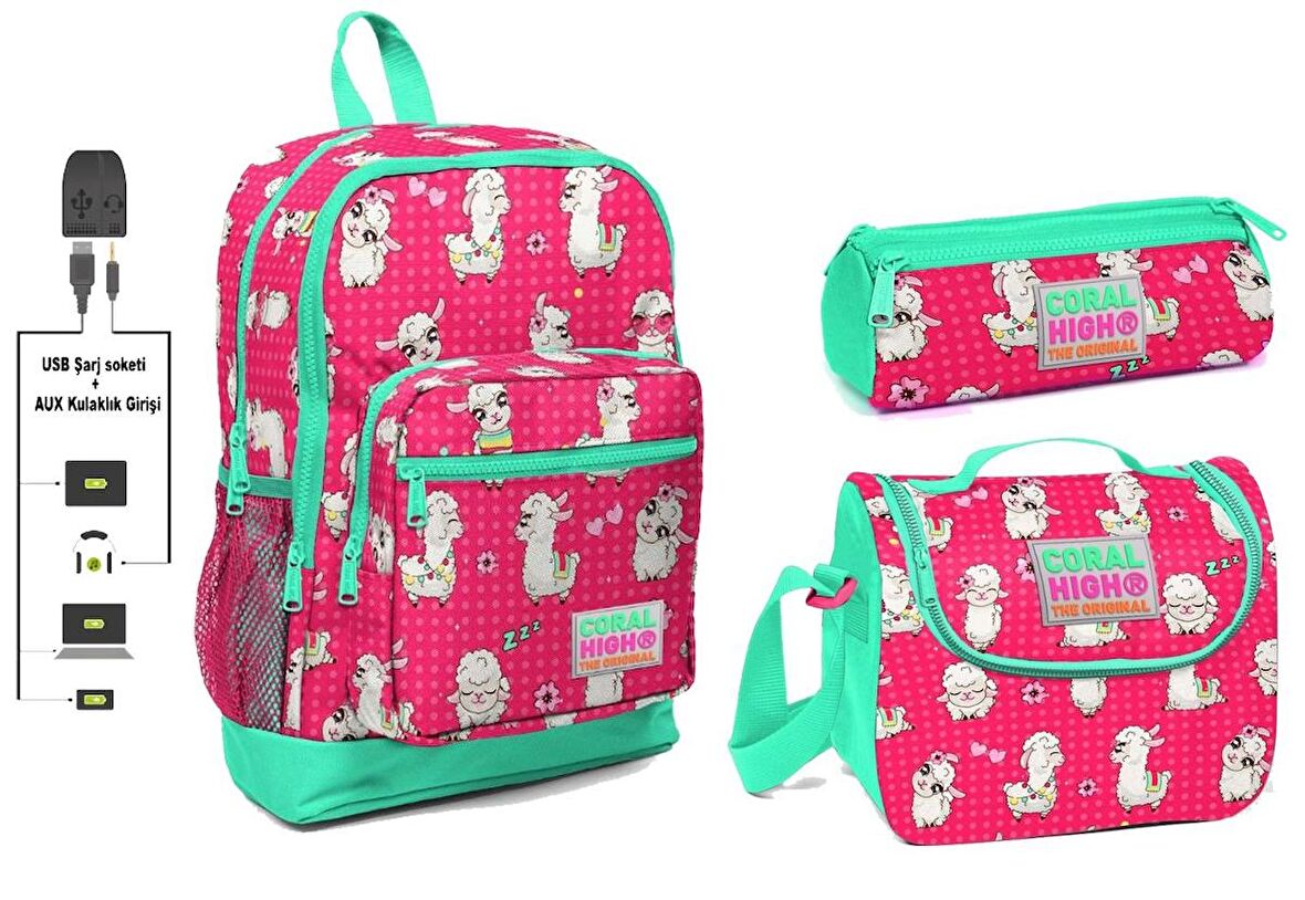 Coral High USB ve AUX Çıkışlı Okul Çanta Seti - Kız Çocuk - Lama Desenli