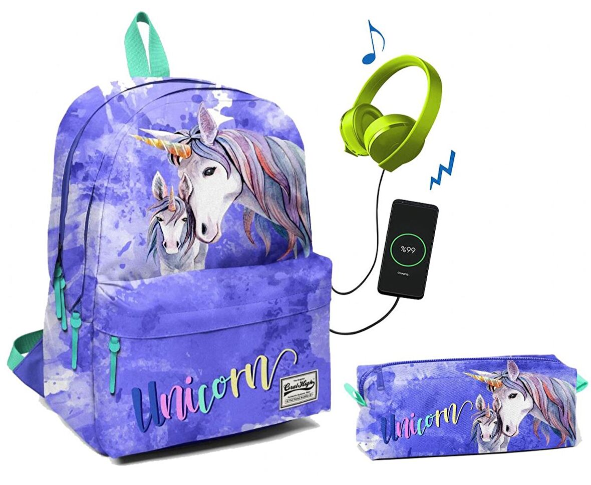 Coral High Üç Bölmeli Ortaokul ve Lise Okul Çantası Seti - Mavi Unicornlar