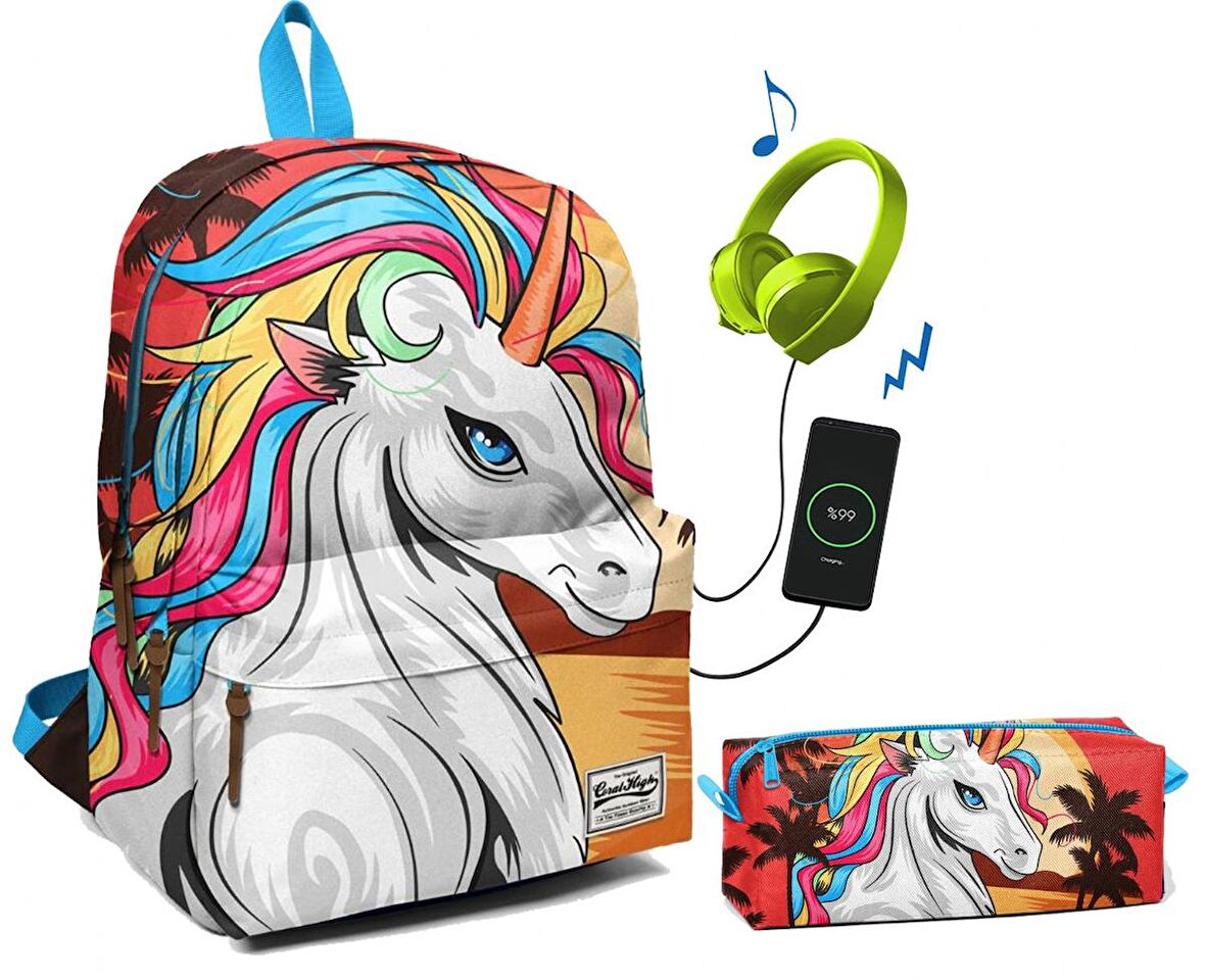 Coral High Üç Bölmeli Ortaokul ve Lise Okul Çantası Seti - Renkli Unicorn