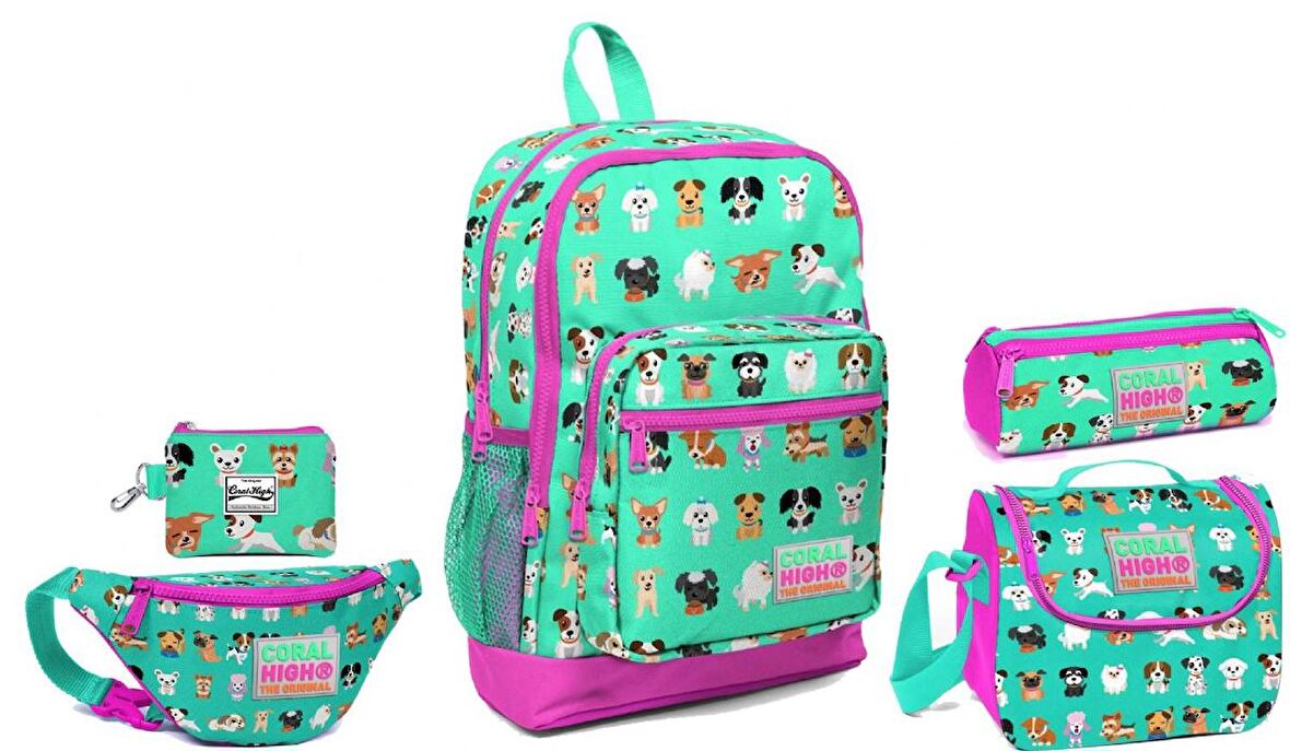 Coral High Sevimli Köpekler Baskılı Okul ve Günlük Çanta Seti - Kız Çocuk