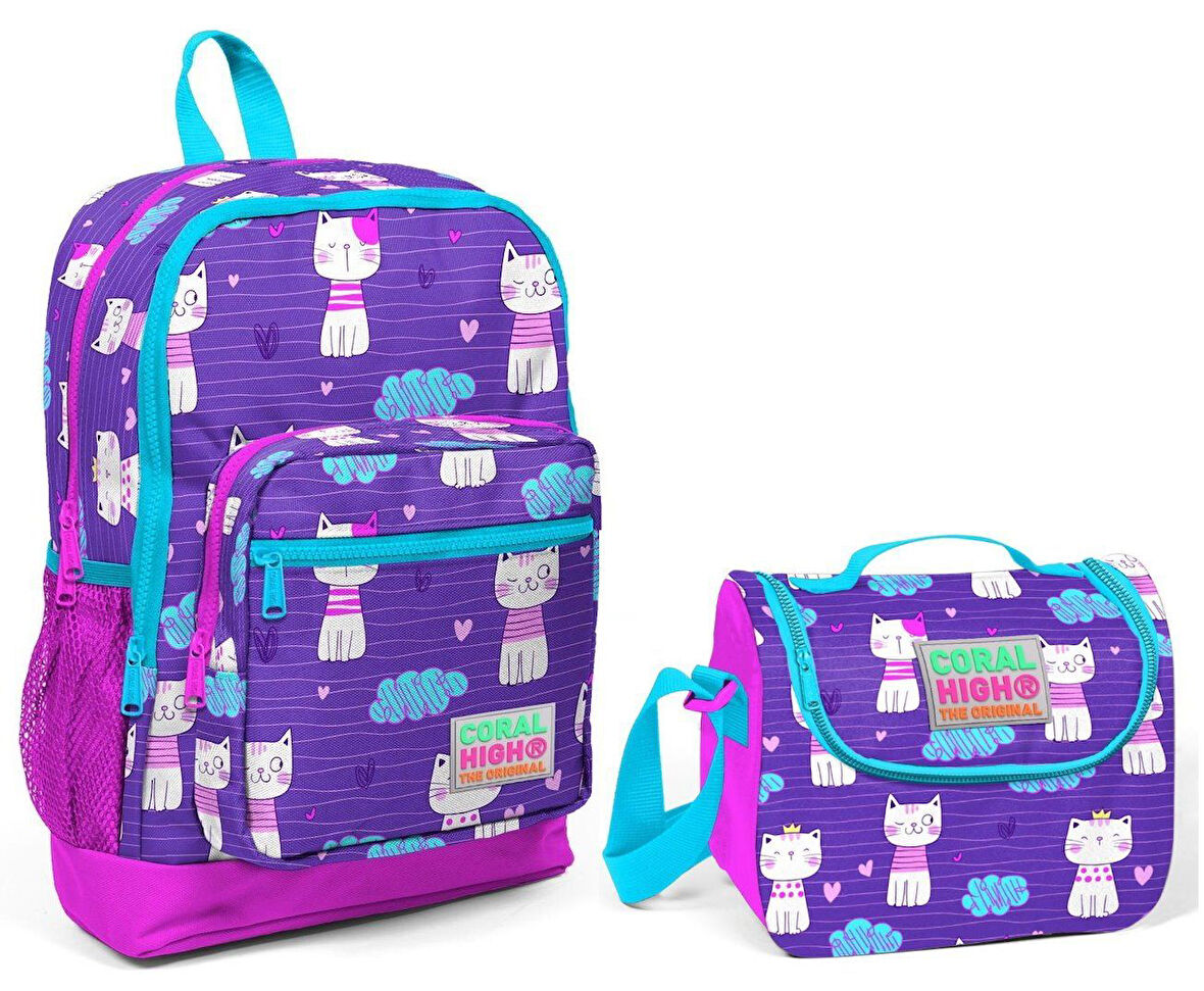 Coral High Kedi Baskılı Kız Çocuk İlkokul Okul Çantası Seti