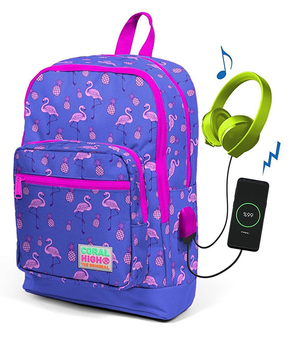Coral High Kids Lavanta Flamingo Desenli Usb Şarjlı Kulaklık Çıkışlı Okul Sırt Çantası 23276