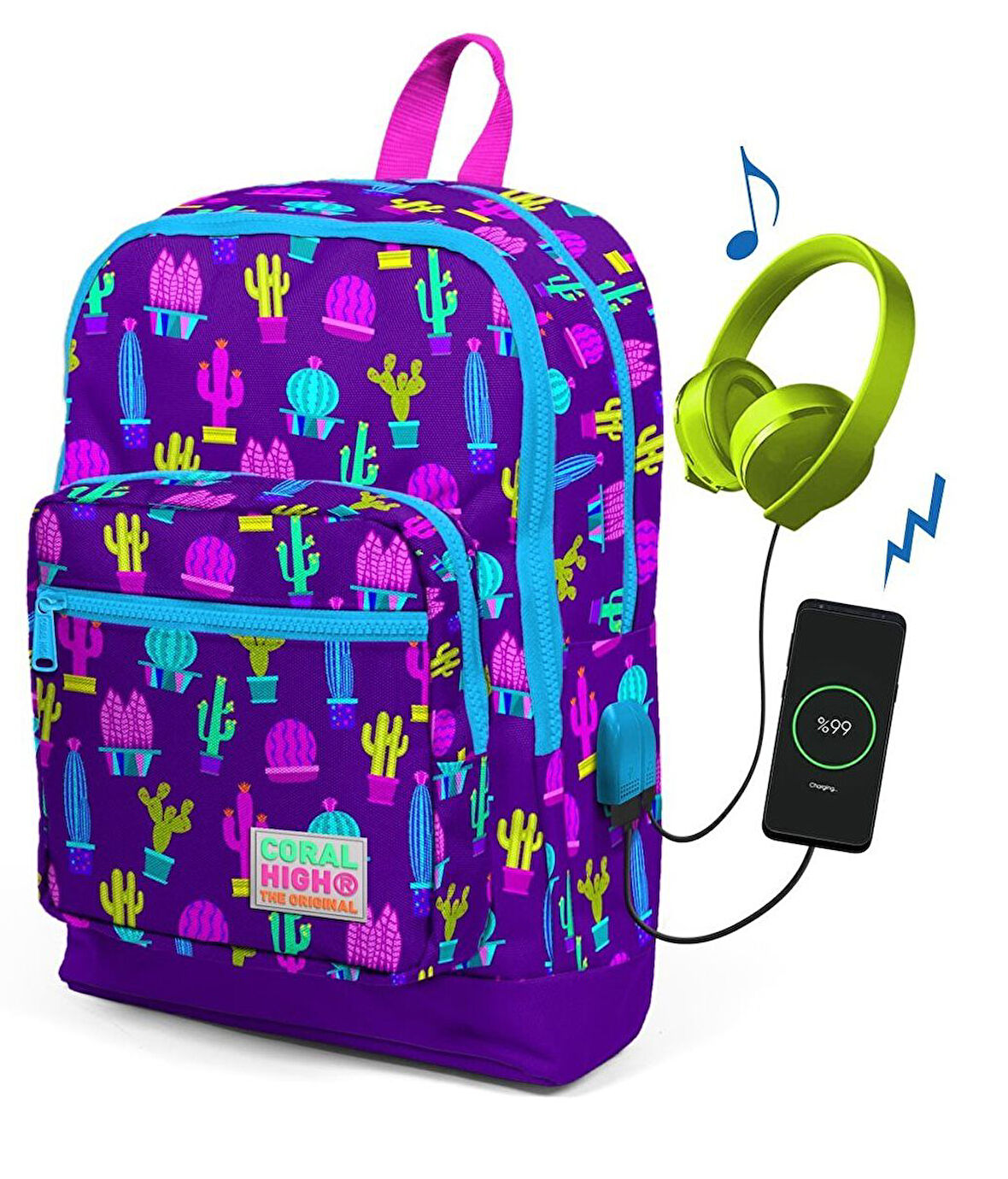 Coral High Kids Dört Gözlü Kız Çocuk Kaktüs Desenli İlkokul Çantası - USB+AUX Soketli