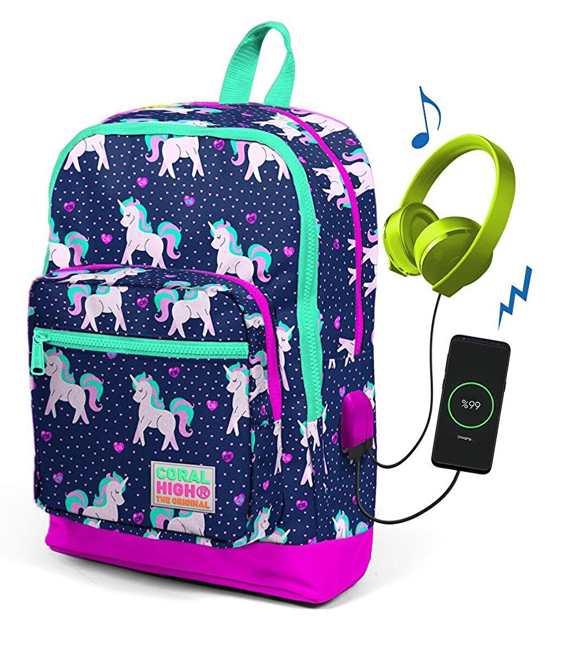 Coral High Çocuk Lacivert Unicorn Usb Şarjlı Kulaklık Çıkışlı Okul Sırt Çantası
