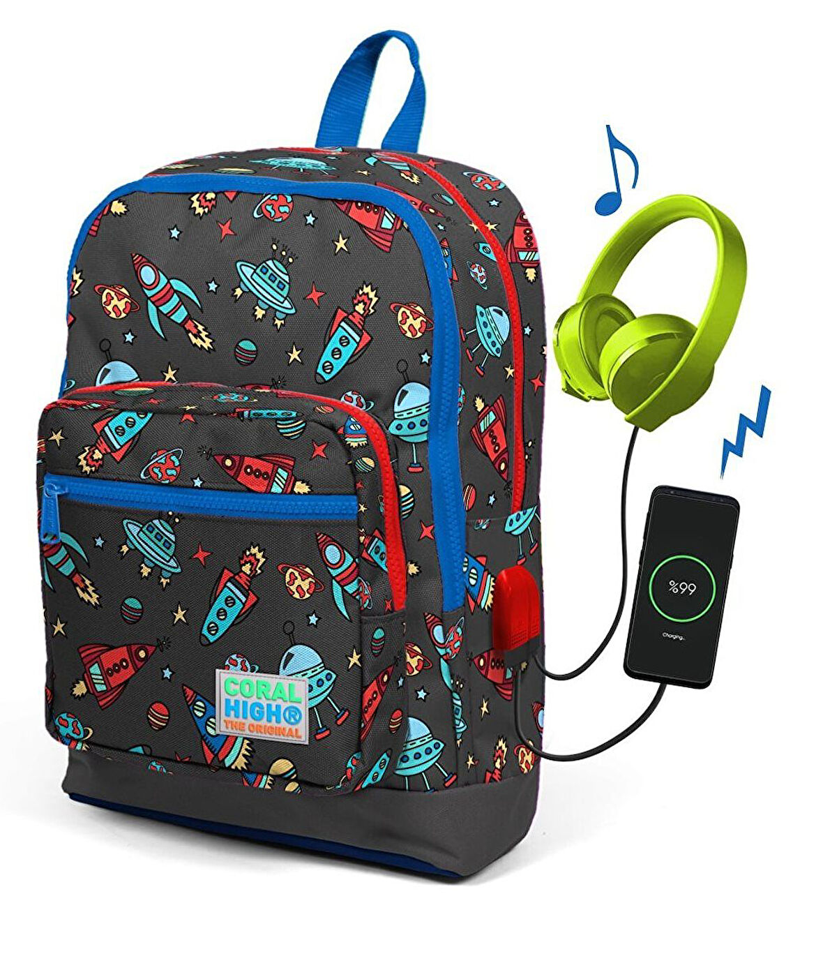 Coral High Gri Uzay Desenli Usb Şarjlı Kulaklık Çıkışlı Okul Sırt Çantası 23279
