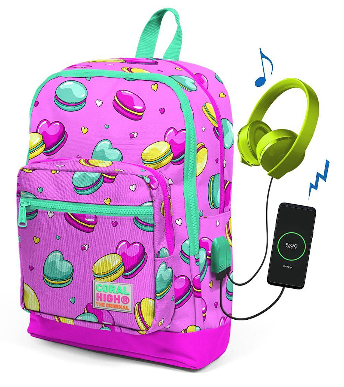 Makaron Desenli Usb Şarjlı Kulaklık Çıkışlı Okul Sırt Çantası 23261