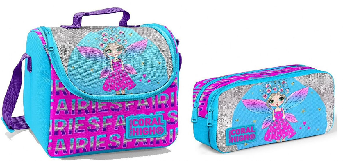 Coral High Beslenme Çantası ve Kalemlik Takım - Pembe - Mavi - Kanatlı Peri - Kız Çocuk