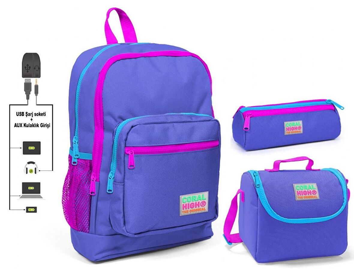 Coral High Mor Kız Çocuk İlkokul Çanta Seti - USB Çıkışlı