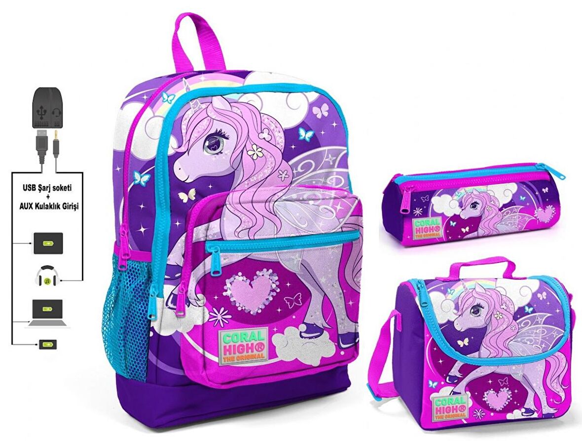 Coral High Mor Unicorn Baskılı Kız Çocuk İlkokul Çanta Seti - USB Çıkışlı