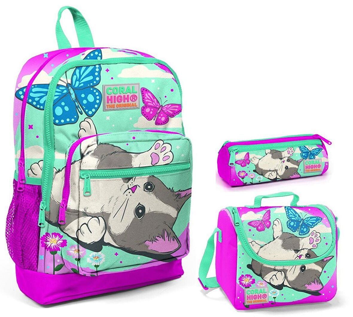 Coral High Sevimli Kedi ve Kelebek Kız Çocuk 3'lü İlkokul Çanta Seti