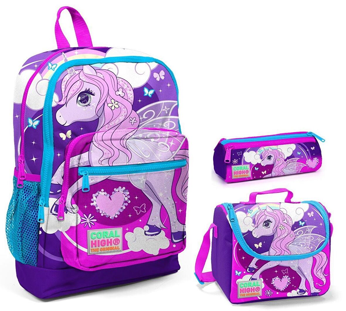 Coral High Mor Unicorn Baskılı Kız Çocuk 3'lü İlkokul Çanta Seti