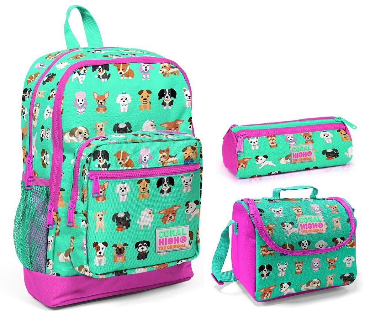 Coral High Sevimli Köpekler Baskılı Kız Çocuk 3'lü İlkokul Çanta Seti