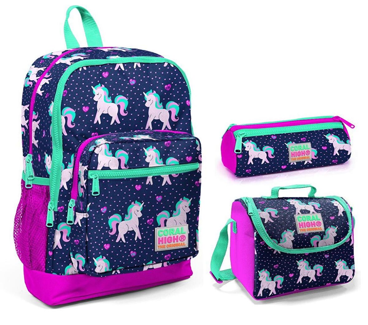 Coral High Mor Unicorn Kız Çocuk 3'lü İlkokul Çanta Seti