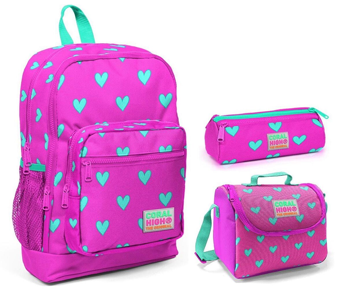 Coral High Pembe Kalp Baskılı Kız Çocuk 3'lü İlkokul Çanta Seti