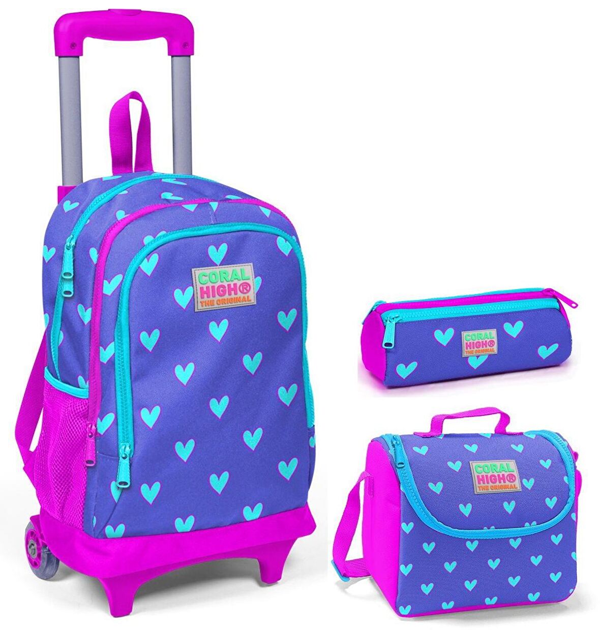 Coral High Pembe Kalp Kız Çocuk Çekçek Çanta Seti - Işıklı Tekerlekler