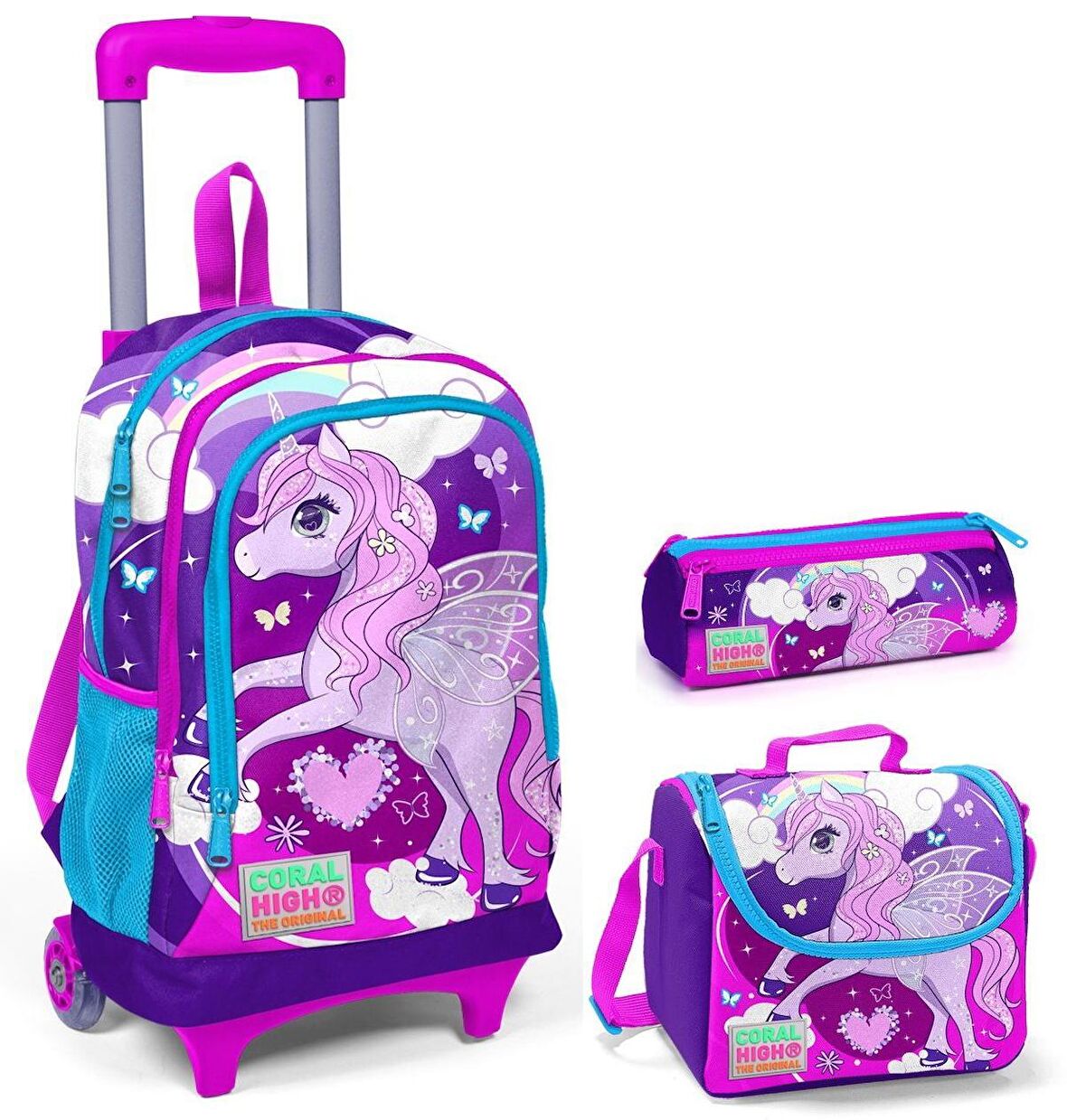 Coral High Pembe Unicorn Kız Çocuk Çekçek Çanta Seti - Işıklı Tekerlekler
