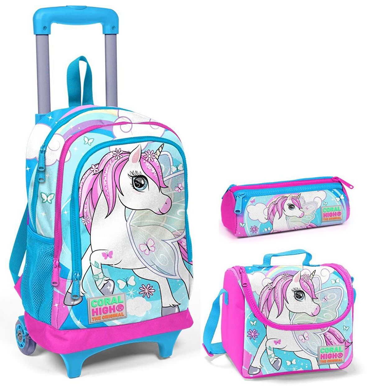 Coral High Mavi Unicorn Kız Çocuk Çekçek Çanta Seti - Işıklı Tekerlekler