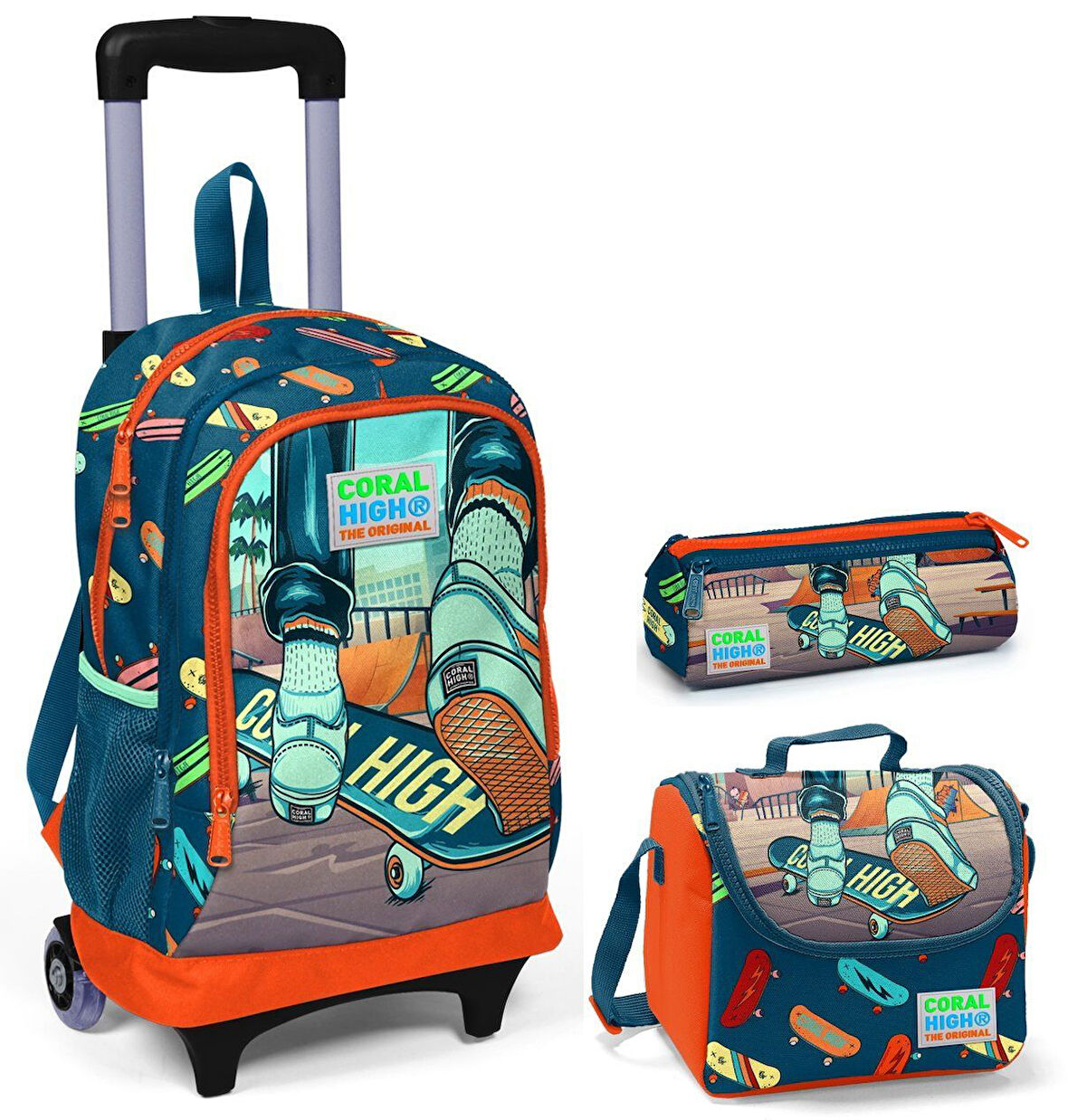 Coral High Kaykay Erkek Çocuk Çekçek Çanta Seti - Işıklı Tekerlekler
