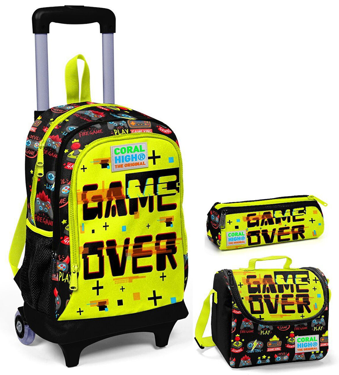 Coral High Game Over Erkek Çocuk Çekçek Çanta Seti - Işıklı Tekerlekler