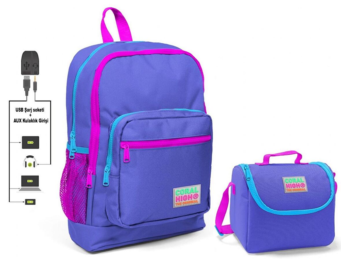 Coral High Mor Okul Çantası ve Beslenme Çantası Seti - Kız Çocuk - USB Soketli