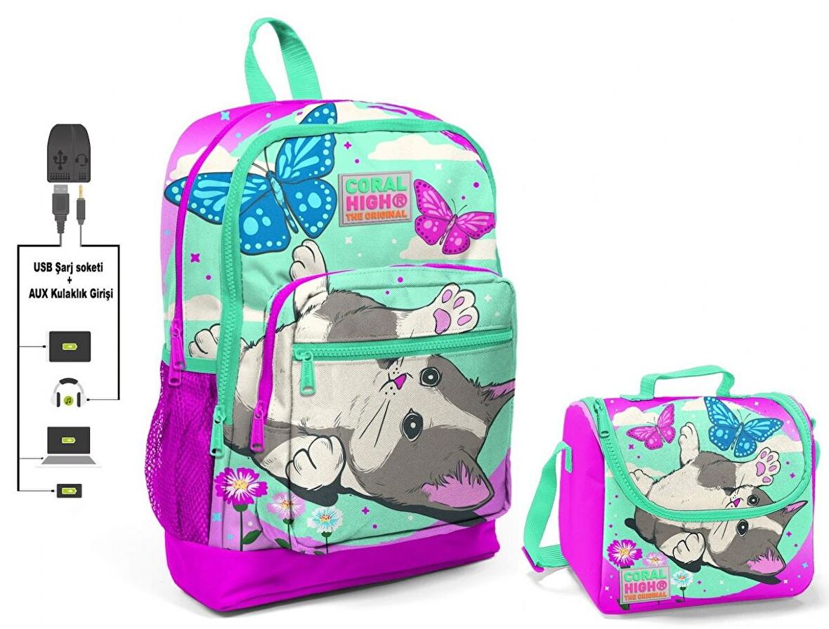 Coral High Sevimli Kedi ve Kelebek Okul Çantası ve Beslenme Çantası Seti - Kız Çocuk - USB Soketli