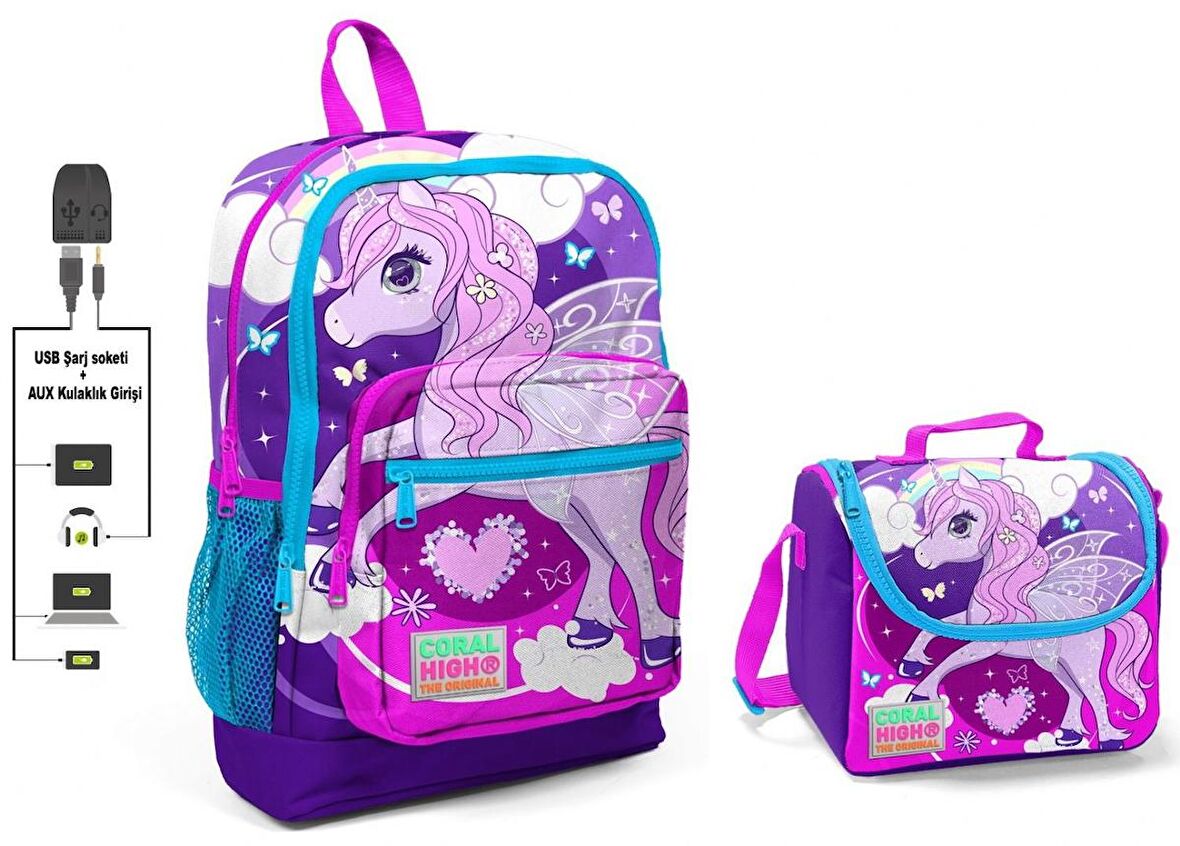 Coral High Mavi Unicorn Baskılı Okul Çantası ve Beslenme Çantası Seti - Kız Çocuk - USB Soketli