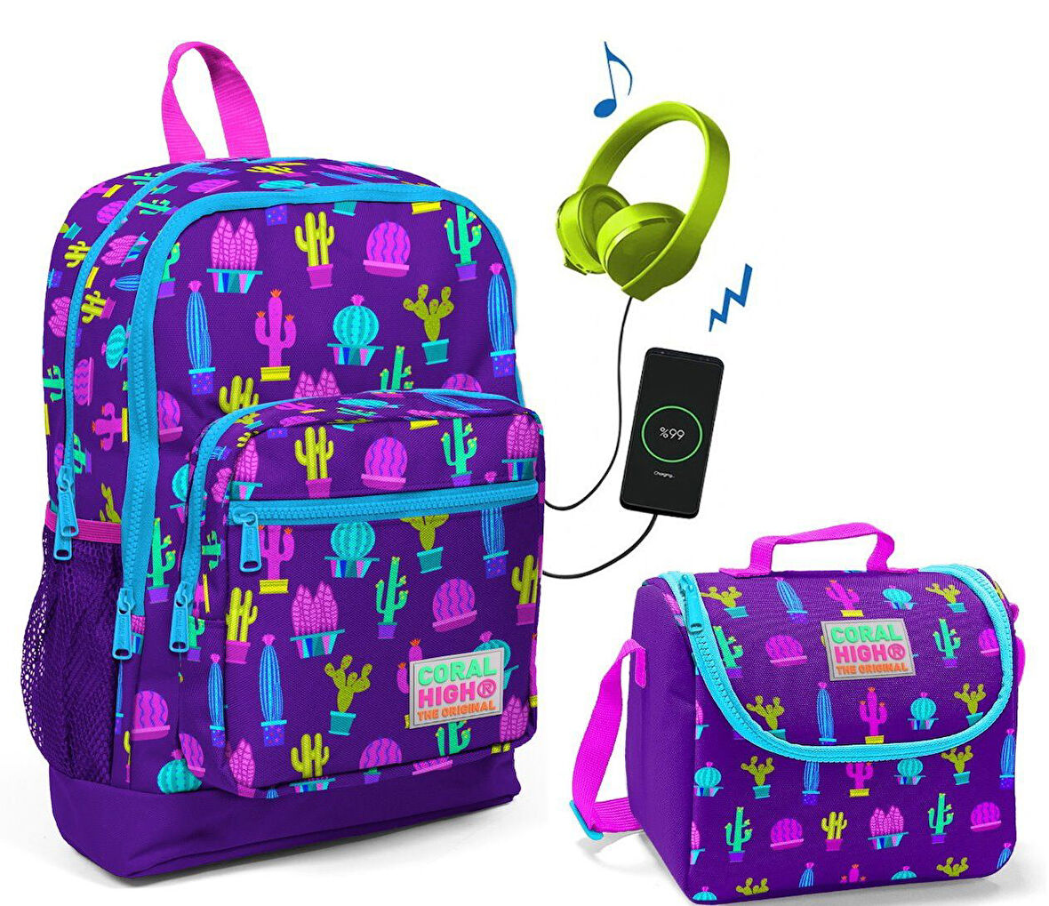 Coral High Mor Kaktüs Baskılı Okul Çantası ve Beslenme Çantası Seti - Kız Çocuk - USB Soketli