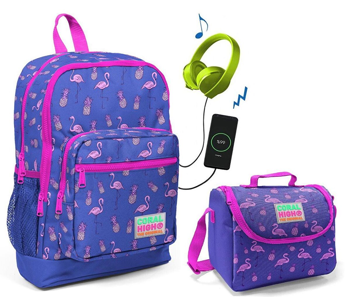Coral High Mor Flamingo Okul Çantası ve Beslenme Çantası Seti - Kız Çocuk - USB Soketli