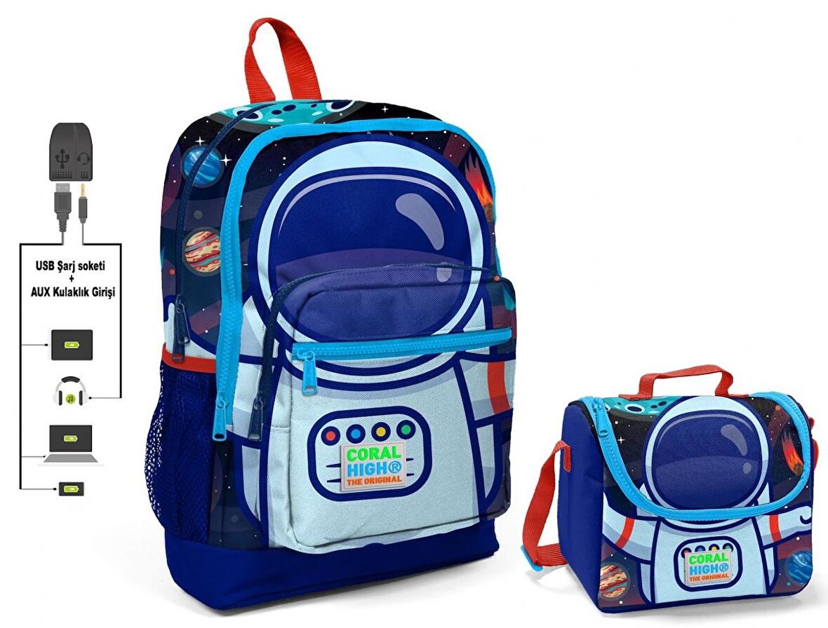 Coral High Mavi Astronot Baskılı Okul Çantası ve Beslenme Çantası Seti - Erkek Çocuk - USB Soketli